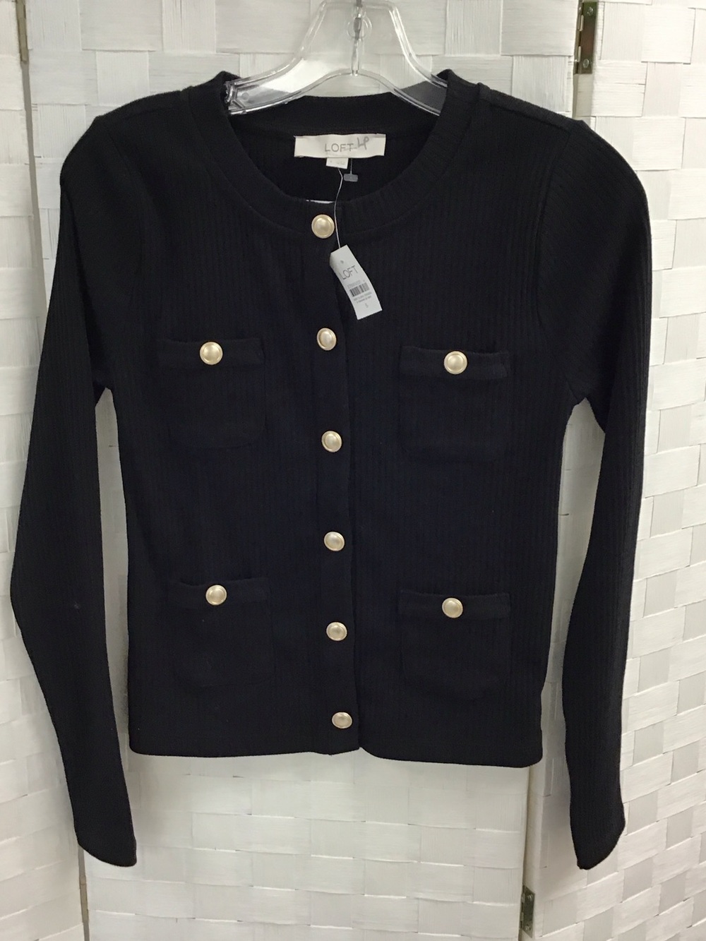 LOFT Black Ribbed Cardigan with Pearl Buttons